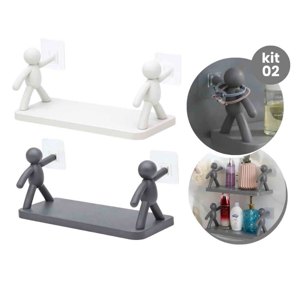 Prateleira 1/2 Estante Bonequinho Buddy plástico com suporte decorativa banheiro cozinha C/ Adesivo