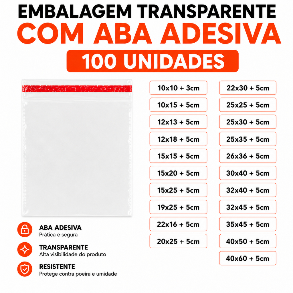 100 Sacos Adesivados Transparentes com Aba para Loja Envio Uso Geral Com Saida De Ar Inteligente