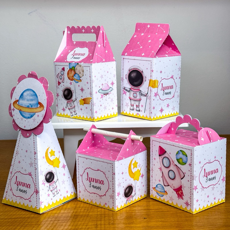 Caixinhas Personalizadas Astronauta Menina Kit Festa Lembrancinhas Aniversário Festa Infantil Papel 180g