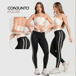 Conjunto Fitness Feminino Zero Transparência - Top com Forro e Abertura para Bojo + Calça com Listras Laterais