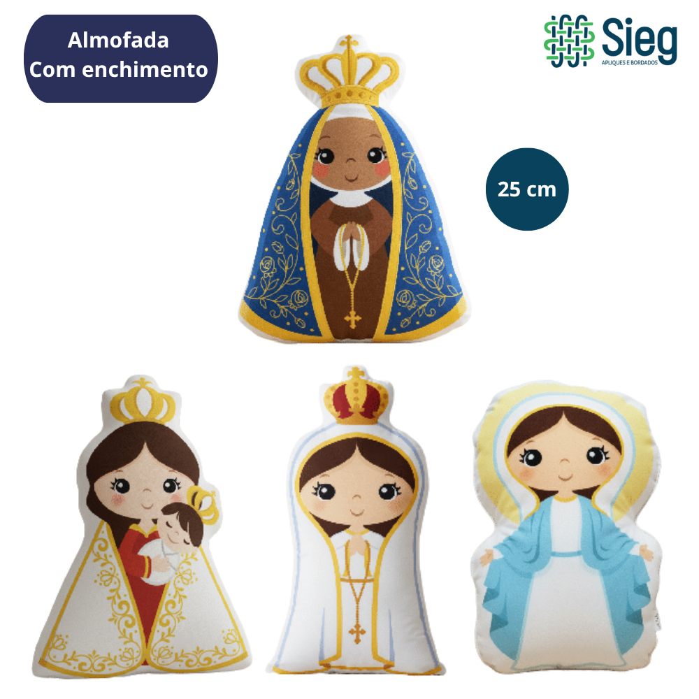 Almofada Santinhas Nossa Senhora Aparecida, Fátima, Graças e Nazaré 25cm Decorativa Berço Quarto Bebê Presente Religioso