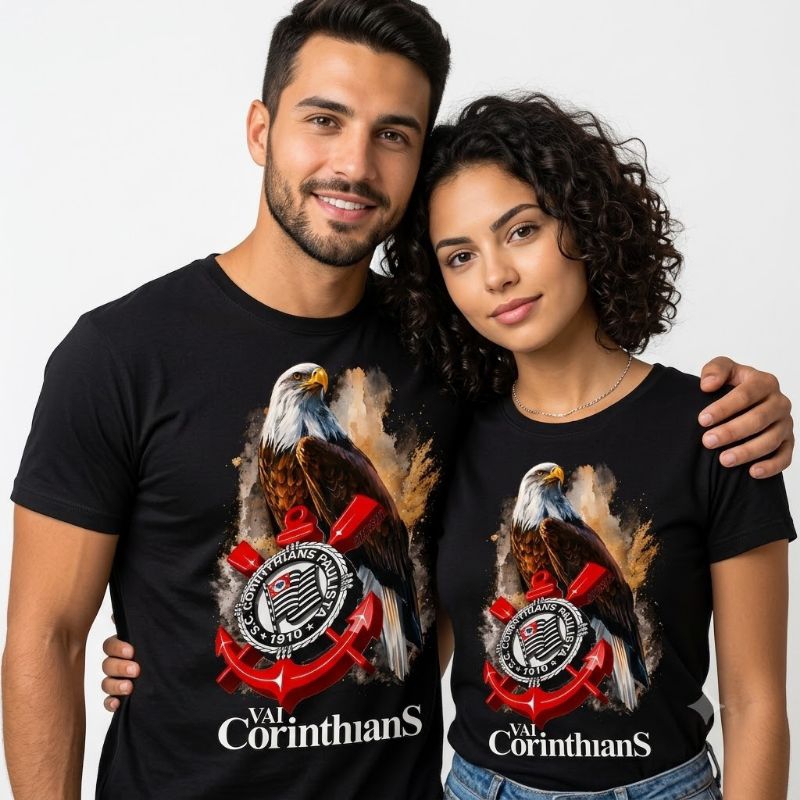 kit Camiseta Casal ou Individual Unissex do P ao G3.Corinthians Águia Timão - Algodão Estampa Vai Corinthians.