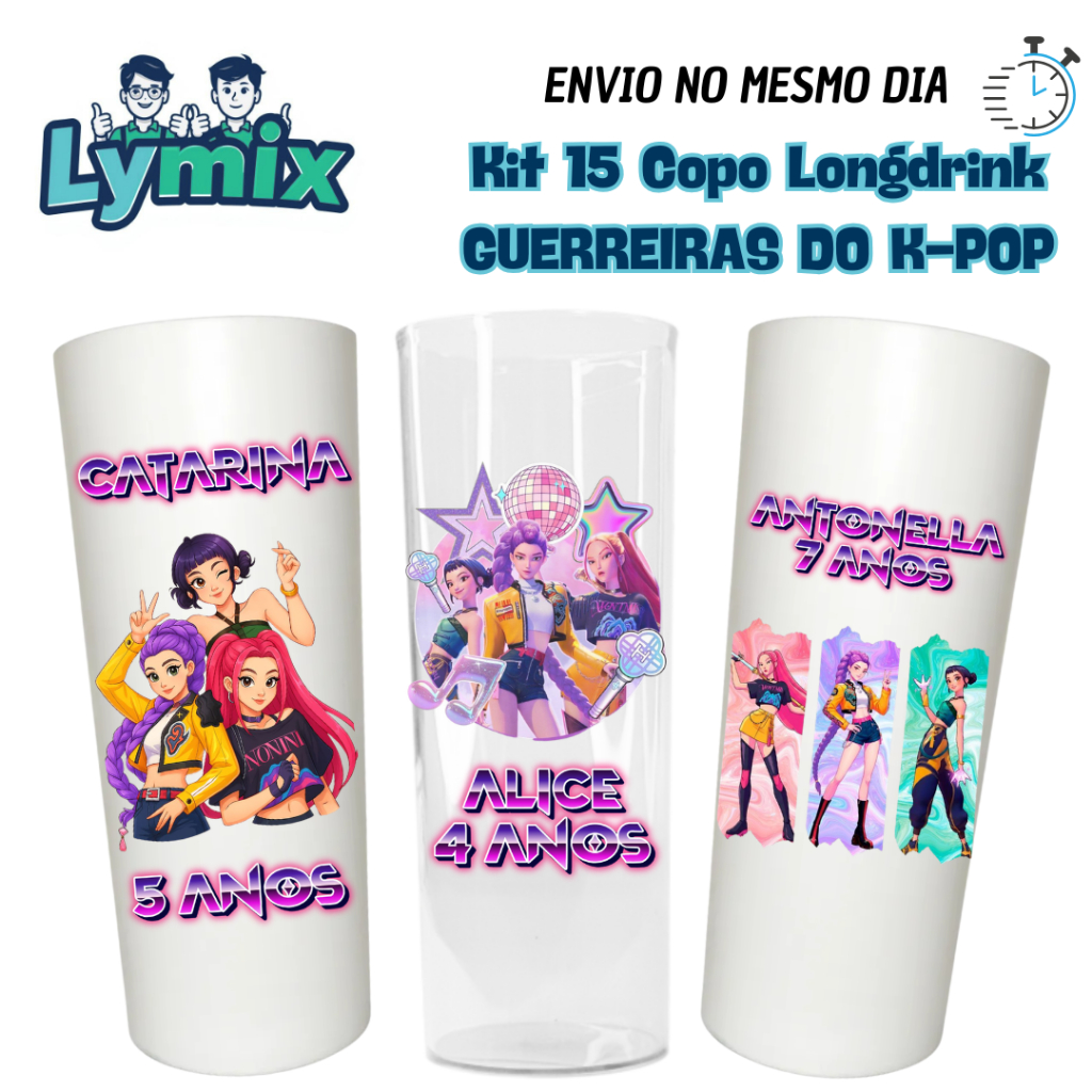 kit a Partir de 10 Unid Copo Long Drink 300ML Personalizado Guerreiras do Kpop Huntrix Lembrancinha aniversário-festa