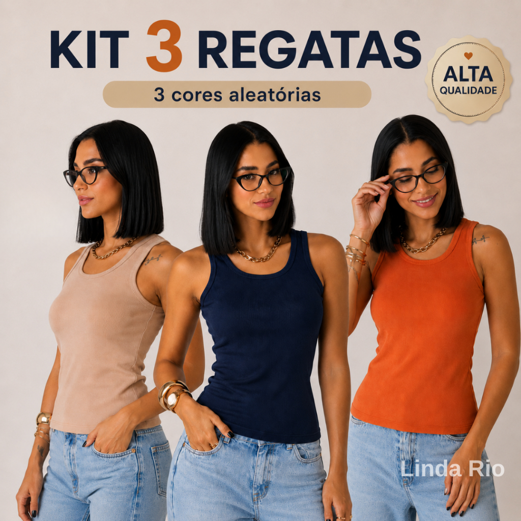 Kit 3 Blusa Regata Feminina 100% Algodão Alça Larga Tendência Elegante Confortável Básica Versátil