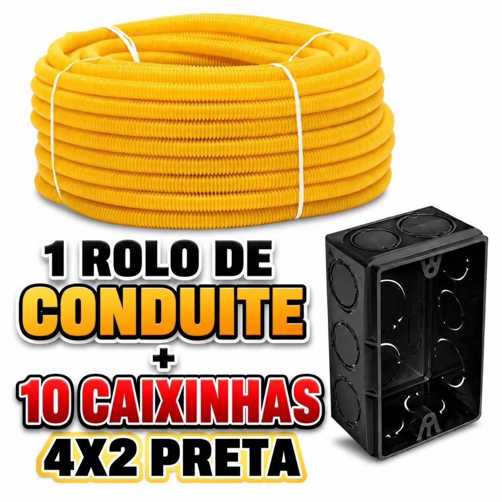 Conduíte Eletroduto Corrugado Reforçado Flexível 25 Metros Kit + 10 Caixinhas 4x2 Preta