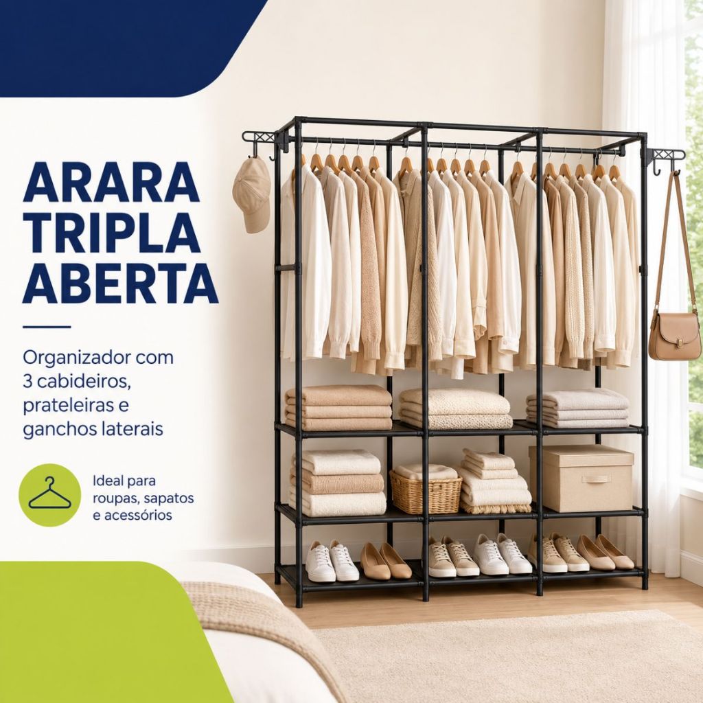 Guarda Roupa Arara Portátil 3 Divisões Cabideiro Organizador de Roupas Desmontável Preto Closet Aramado Reforçado