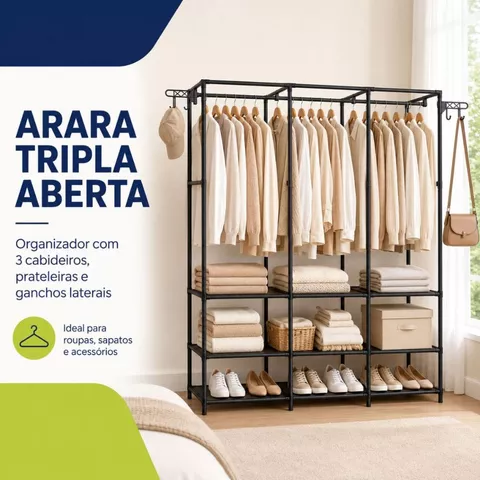Roupeiro Guarda Roupa Portatil Cabideiro Arara 3 Divisões Para Roupa Sapateira Organizador Multiuso Armário Closet