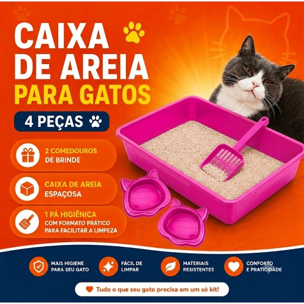 Kit Caixa De Areia Para Gatos Completo 4 Pçs Banheiro Grande + Pá + 2 Comedouros