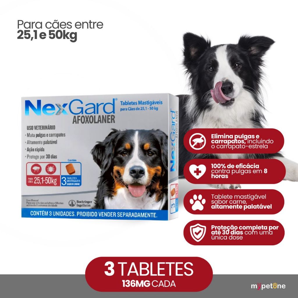 NexGard 136 mg para Cães de 25,1 a 50 Kg - 3 Tabletes