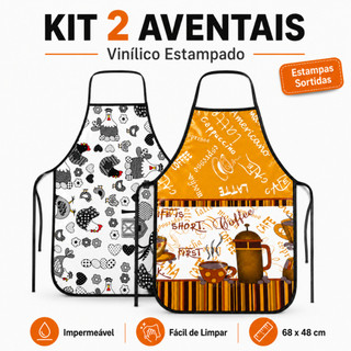Kit 2 Avental de Cozinha Vinílico Impermeável Estampado Adulto Fácil Limpeza