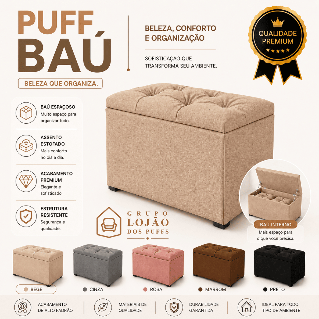 PUFF BAÚ SUEDE LUXO ORGANIZADOR PORTA OBJETOS SAPATOS ROUPAS BRINQUEDO QUARTO CLOSET CASA DECORATIVO