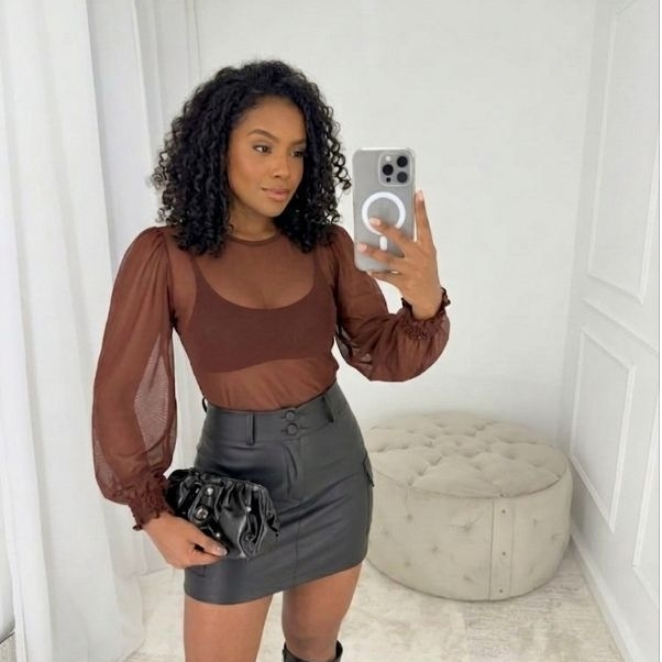 Blusa Tule Transparente Manga Bufante Segunda Pele Moda Feminina