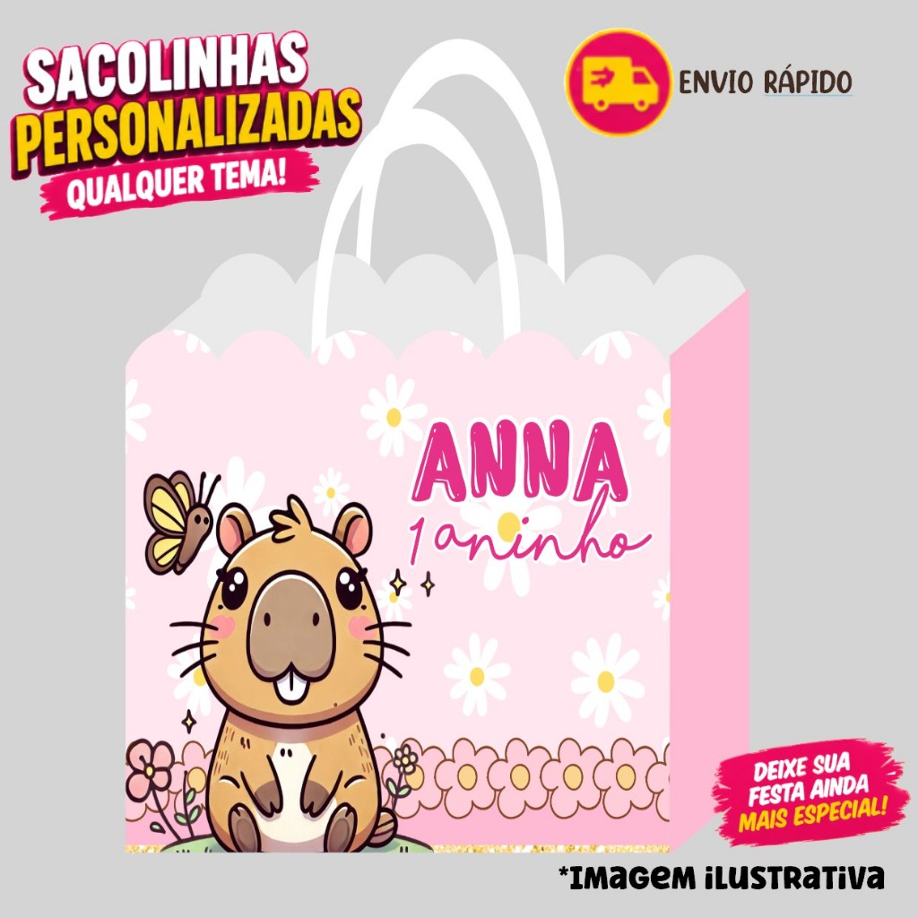Sacolinha CAPIVARA Personalizados | Sacolinha | Lembrancinha | Mimos | Aniversário (PEGUE E MONTE)
