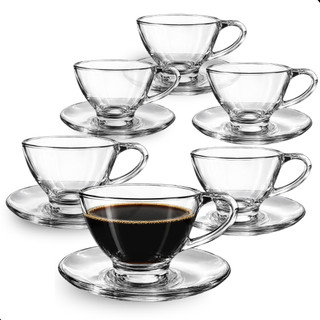 Kit 6 Xícaras de Vidro com 6 Pires 220ml - 12 Peças - Jogo Elegante para Café, Chá e Visitas