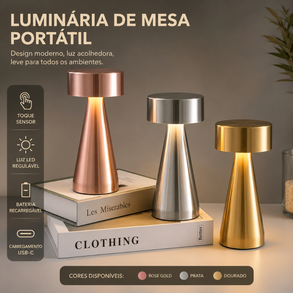 Luminária de Mesa LED Touch Sem Fio Recarregável USB-C