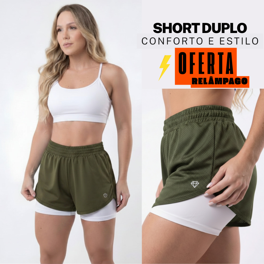 Short Duplo Feminino Fitness Academia Ciclismo Corrida Forro Interno Zero Transparência Suplex