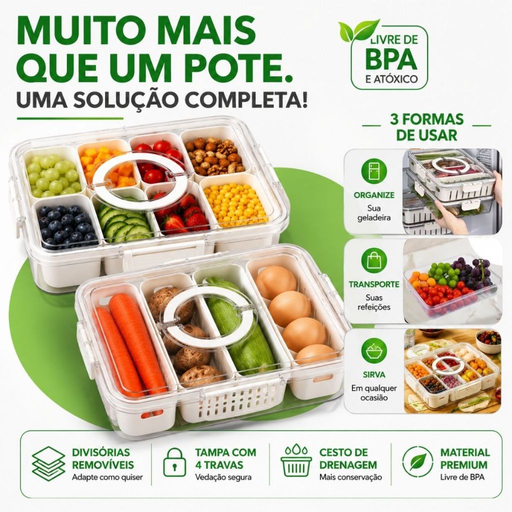 Kit Potes Organizadores Herméticos Geladeira Transparente Multiuso Empilhável 8 4 Divisórias Escorredor Frutas e Verdura