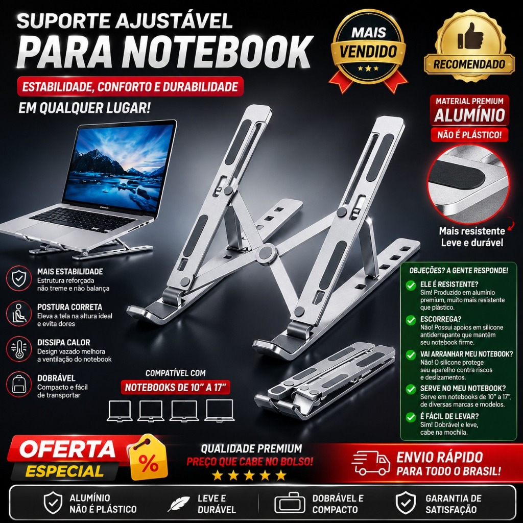 Base Suporte Dobrável para Notebook tablet em Alumínio Ajustável, Portátil, Resistente e Ergonômico