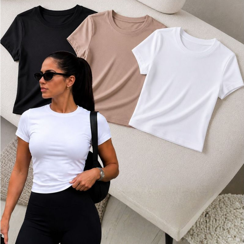 Kit 3 Blusas Baby Tee Fitness Feminina Poliamida Academia Treino Manga Curta Básica Casual Confortável Segunda Pele