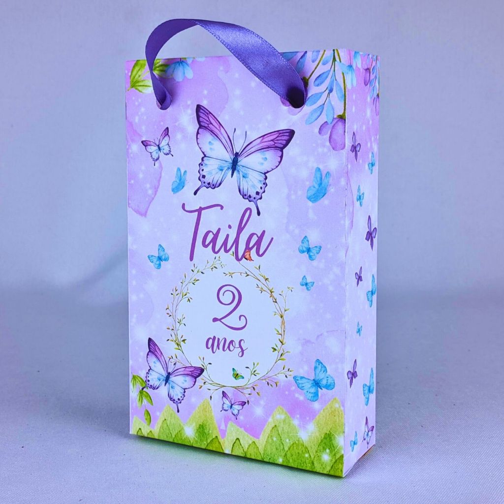 Kit 10 a 50 Sacolinhas Jardim das Borboletas Lilás Personalizada Surpresa Com Alça Lembrancinhas Festinha