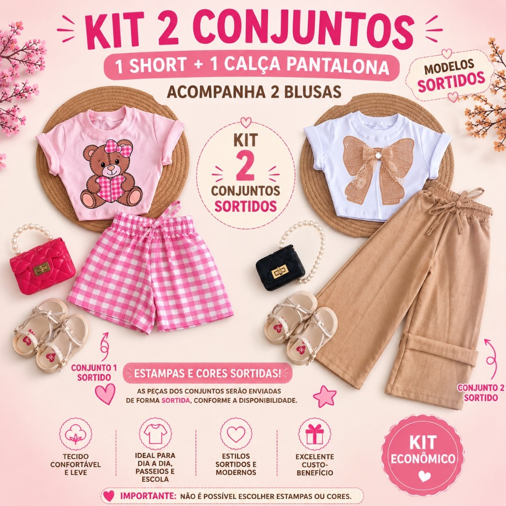 Kit Econômico 2 Conjuntos Infantis Femininos | Short + Calça Pantalona Sortidos | Moda Infantil Menina