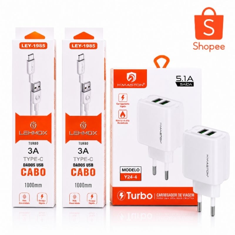 Kit 2 Cabos Tipo C + 1 Carregador Turbo Duas Saidas Carregamento Celular Tablet 1 Metro 5.1A