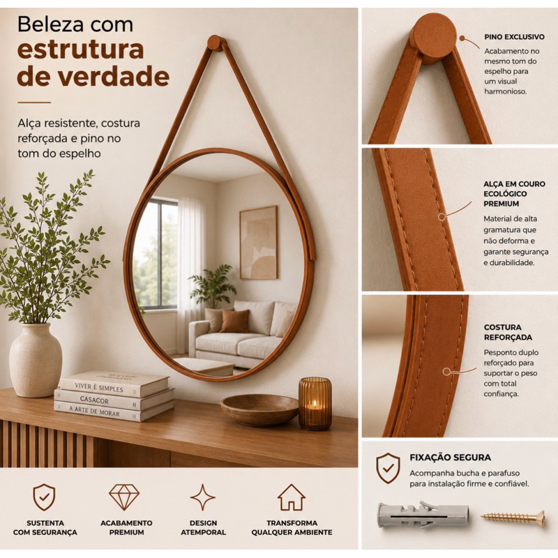 Espelho Redondo Decorativo Adnet 30 cm Alça Em Couro com Suporte Para Sala Quarto Banheiro