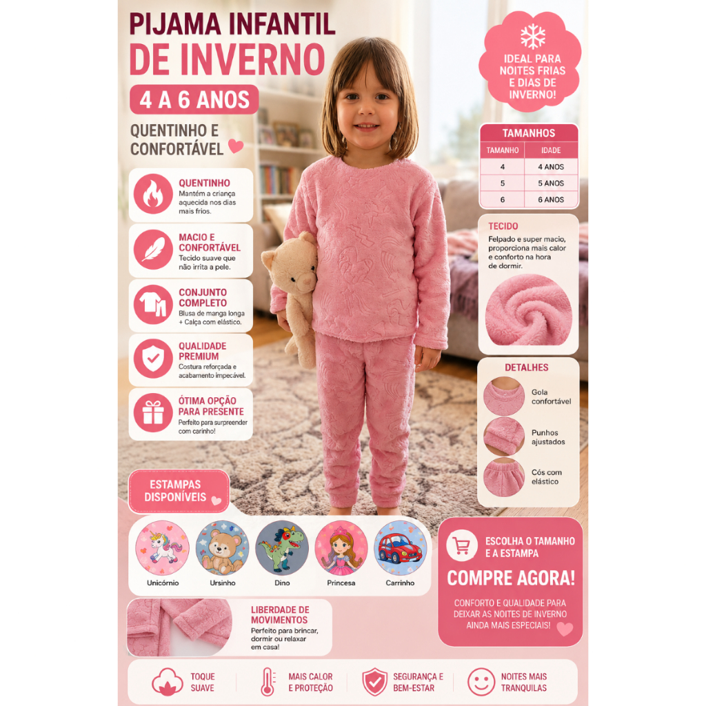 conjunto infantil menina Pijama de Inverno Menina Menino Quente e Confortável 4 a 6 Anos