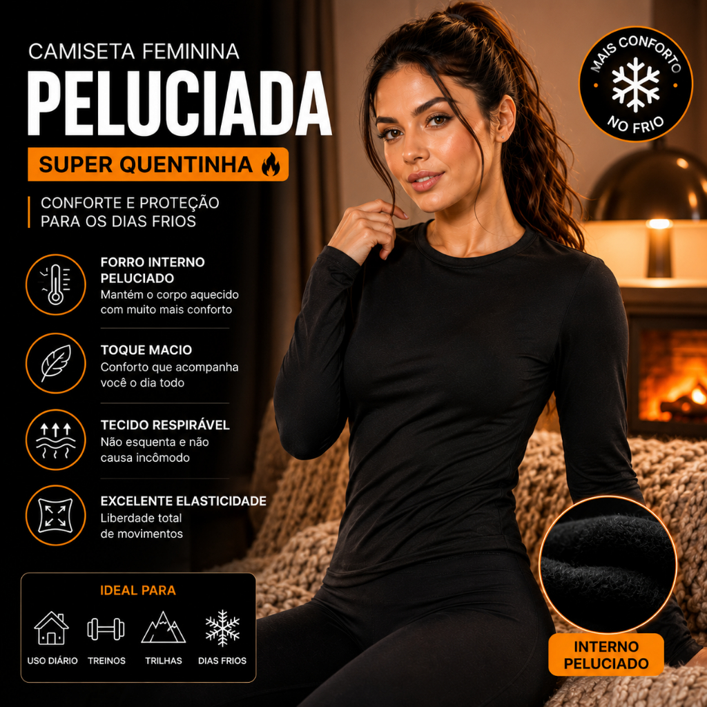 Camiseta Peluciada Térmica Feminina Gola Redonda Segunda Pele Blusa Básica Forro Frio Inverno Preta