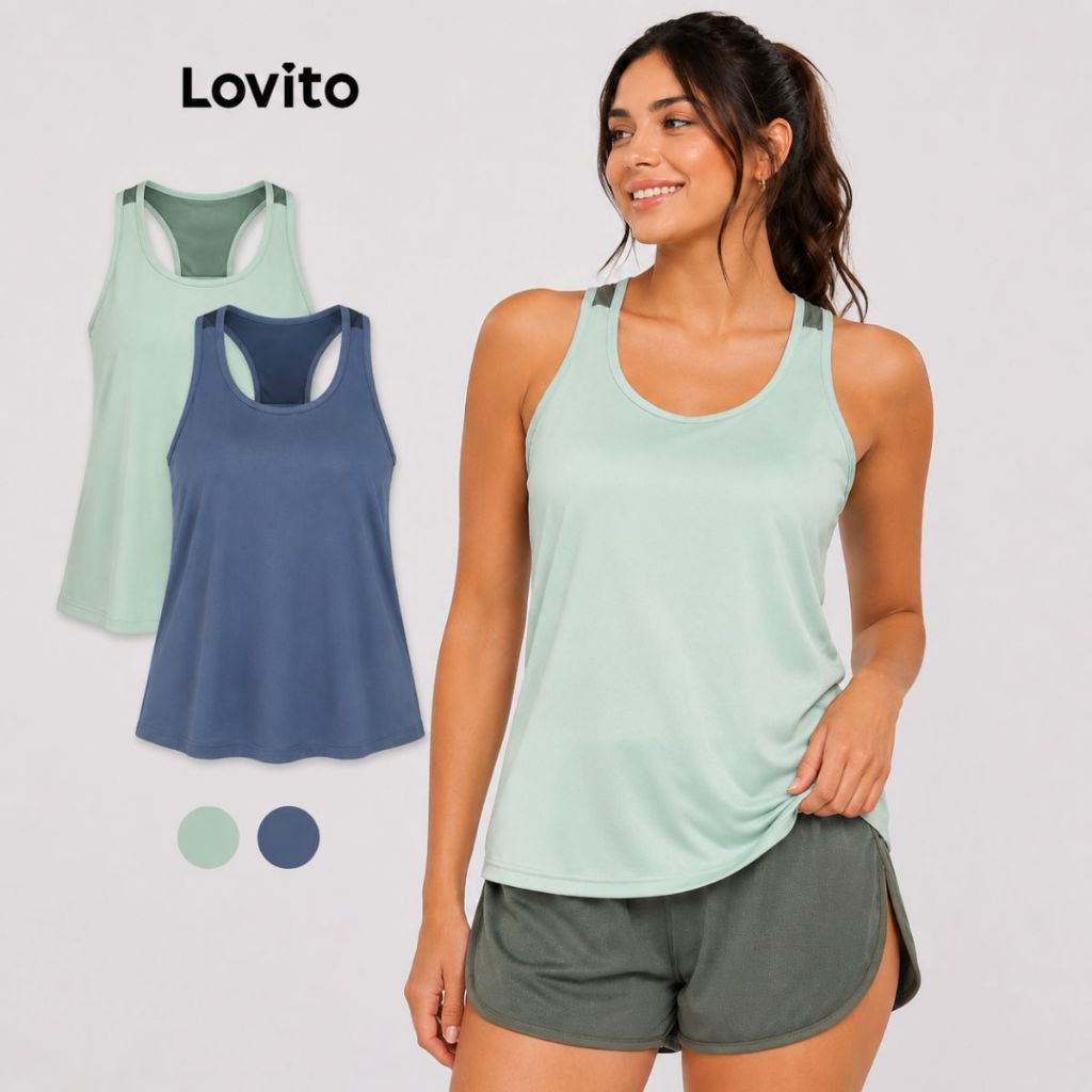 Modelo vestindo regata esportiva verde água com decote nadador, ao lado de duas regatas dobradas nas cores verde água e azul marinho, com ícones de cores abaixo.