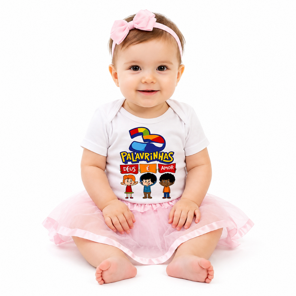 Body bebê Temático/ Body Infantil "3 Palavrinhas" – Look em Suedine 100% Algodão, do RN ao G