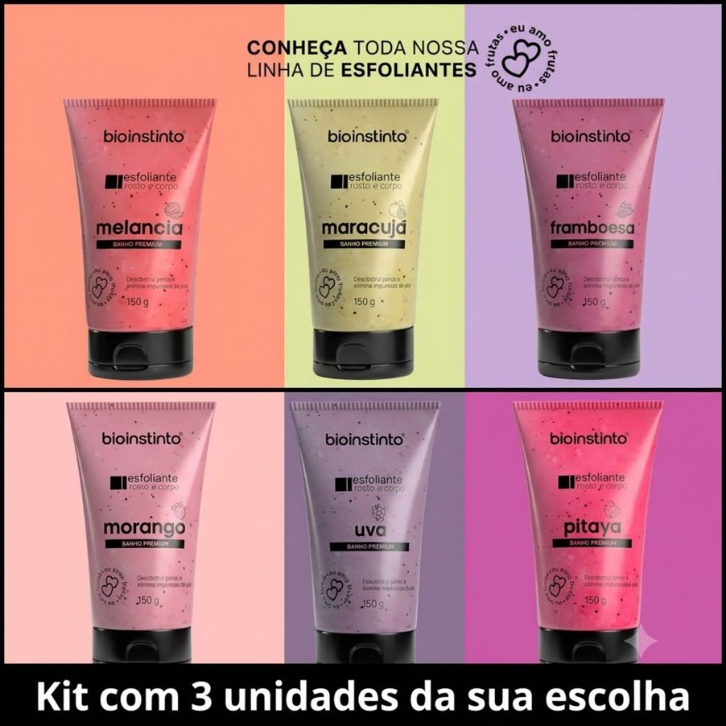 Kit 3 Esfoliantes Corporal e Facial da SUA ESCOLHA Bio Instinto 150g - Limpeza, hidratação e renovação