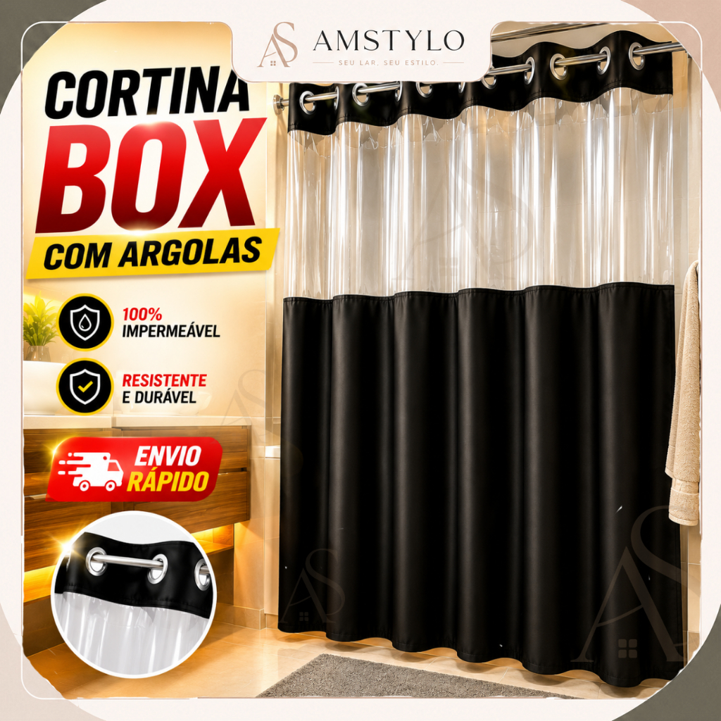 Cortina de Banheiro com Visor Transparente em PVC Cortina de Box Banheiro Antimofo Preta Branca Cinza