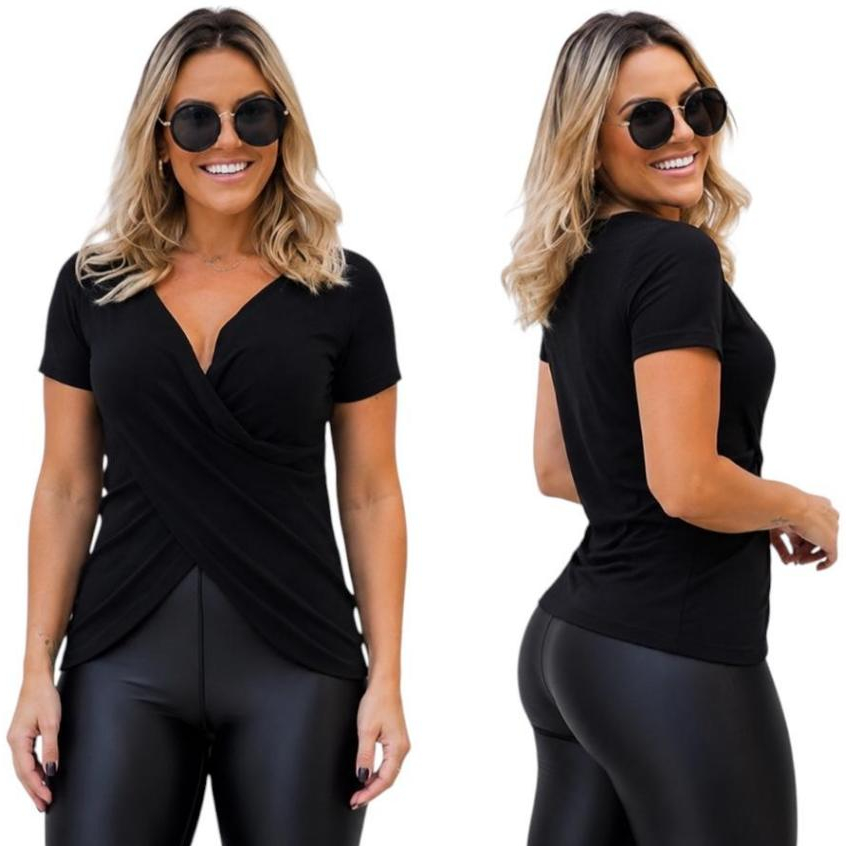 Blusa FemininoTranspassada Decote em V em Tecido Viscolycra