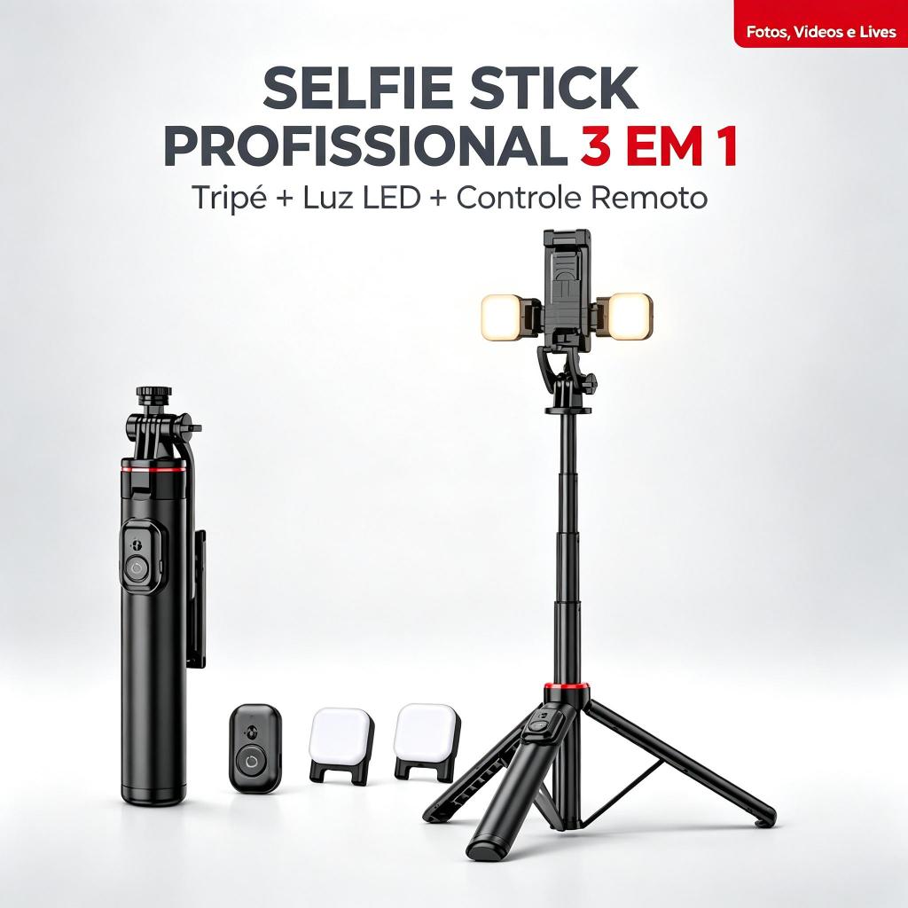 Tripé Bastão Selfie 130cm para Celular,Luz LED Dupla Removível com Controle Remoto Bluetooth,Perfeito para Lives  Vídeos