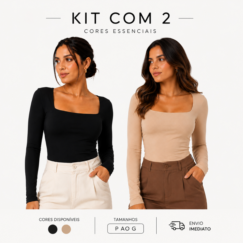 Kit 2 Body Feminino Decote Quadrado Manga Longa Suplex Casual Premium