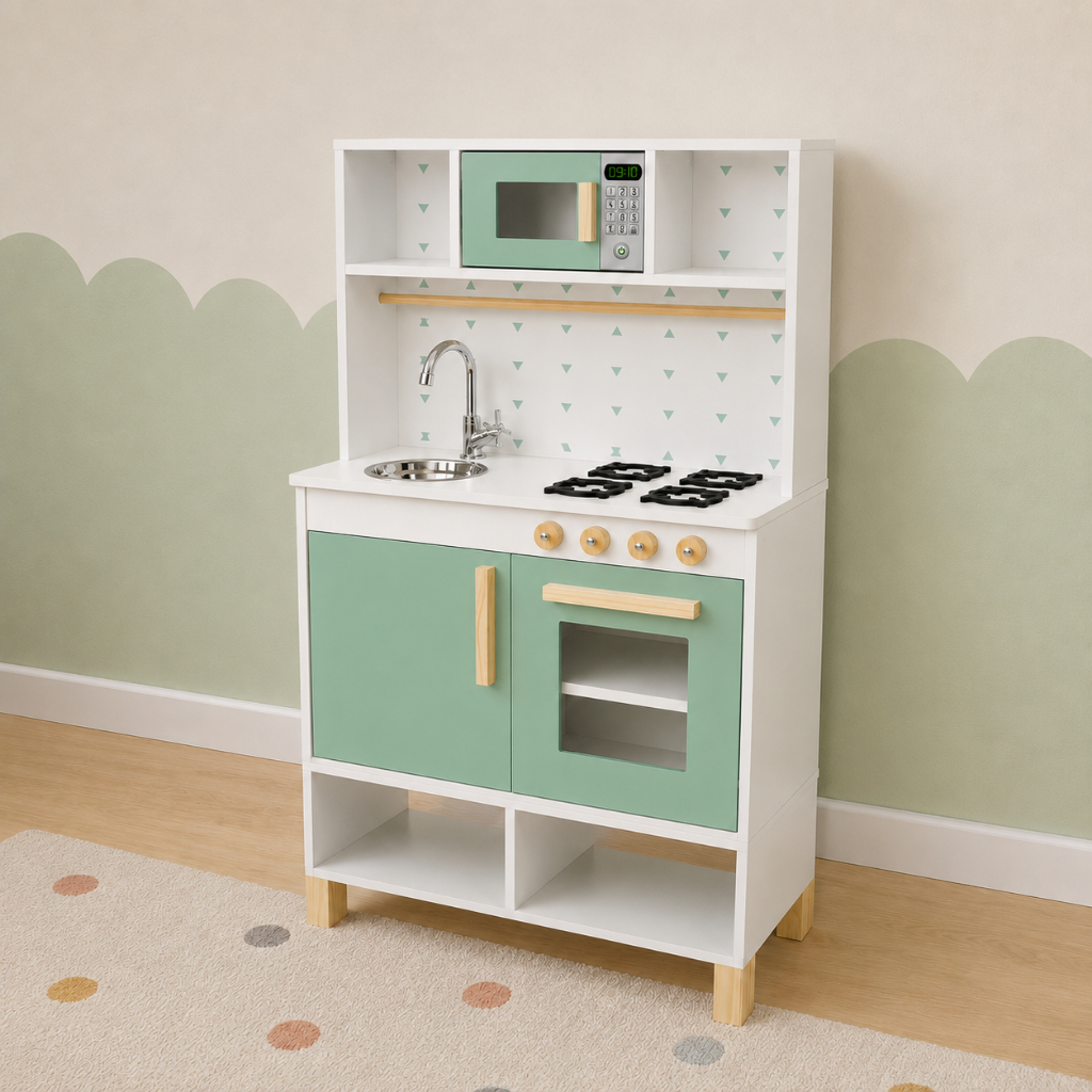 Cozinha Infantil Pia Fogão Microondas Madeira Verde Claro Faz de Conta Chef Kit Livro Educativo