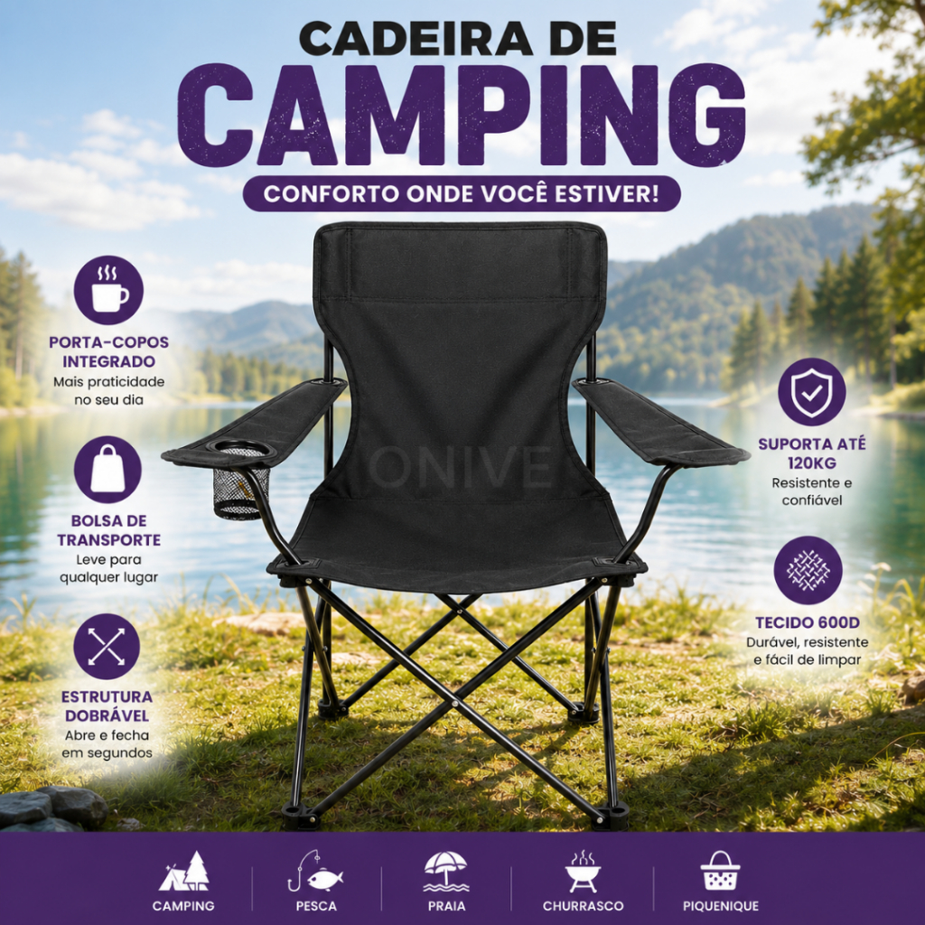 Cadeira de Camping Dobrável Portátil Até 120kg Porta Copo Bolsa Transporte Aço Carbono Poliéster 600D