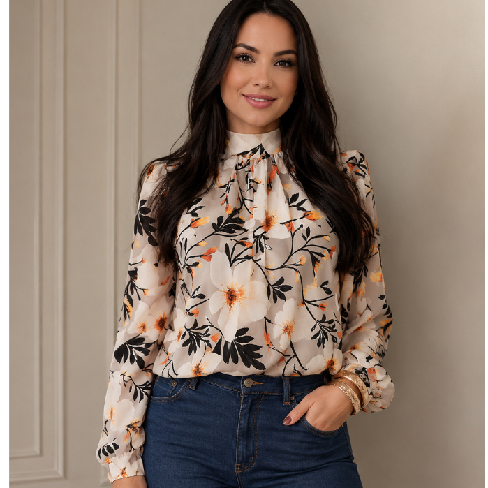 blusa feminina floral manga longa gola alta estampada com punho
