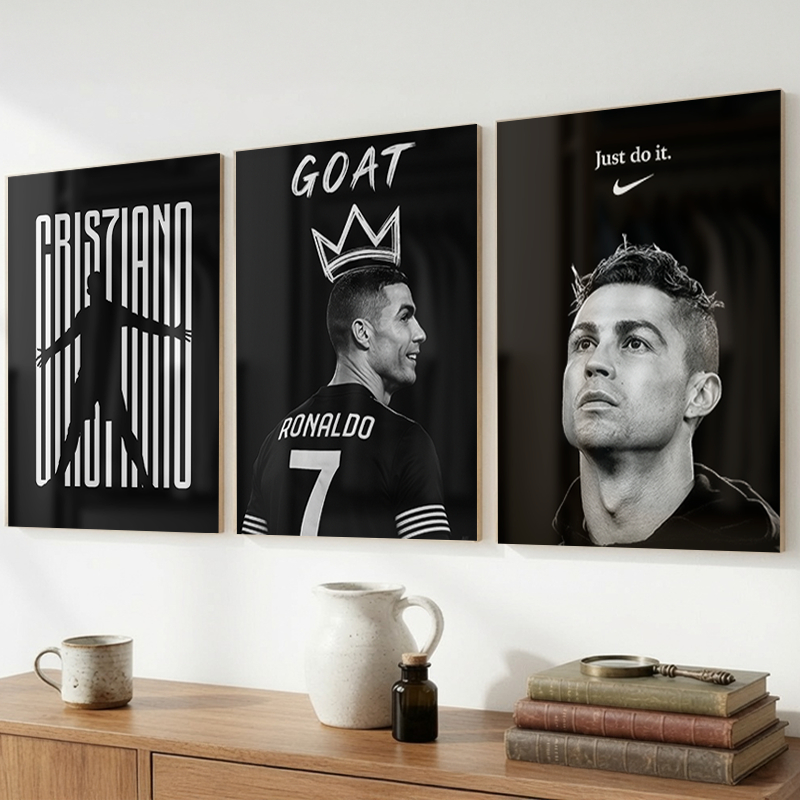 Kit 03 Placas Decorativas Quadros Cristiano Ronaldo, CR7, Real Madrid, GOAT, Futebol, presente