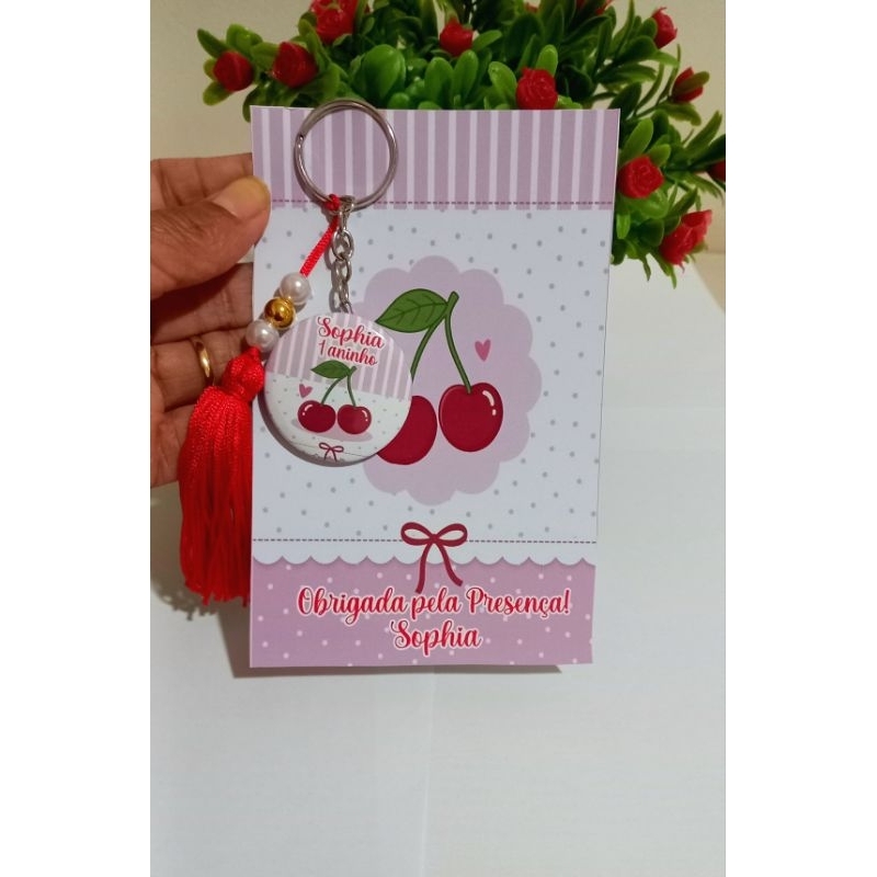 kit 15 chaveiros cerejinha personalizados para lembrancinha,  aniversário, maternidade, debutantes.