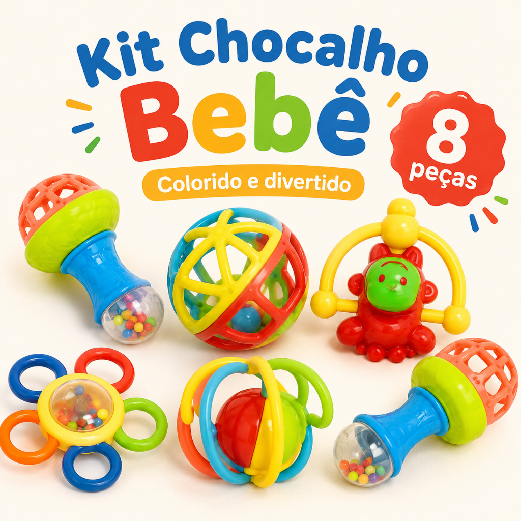 Kit 8 Chocalhos Coloridos para Bebê com Mordedor Sensorial