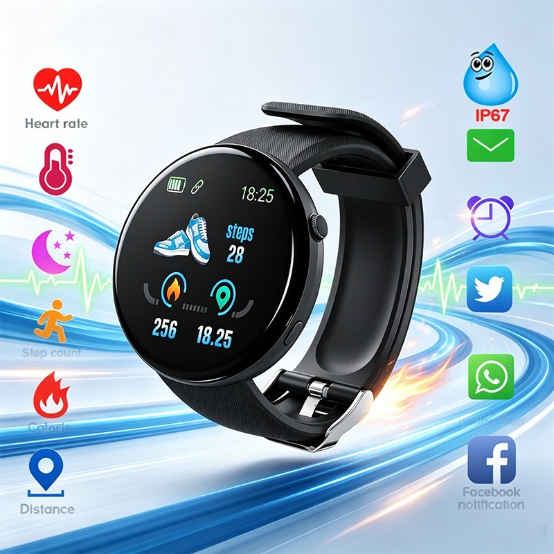 Pulseira Inteligente D18 Smartwatch Esportivo - Monitor de Saúde, Pressão Arterial e Tela Colorida