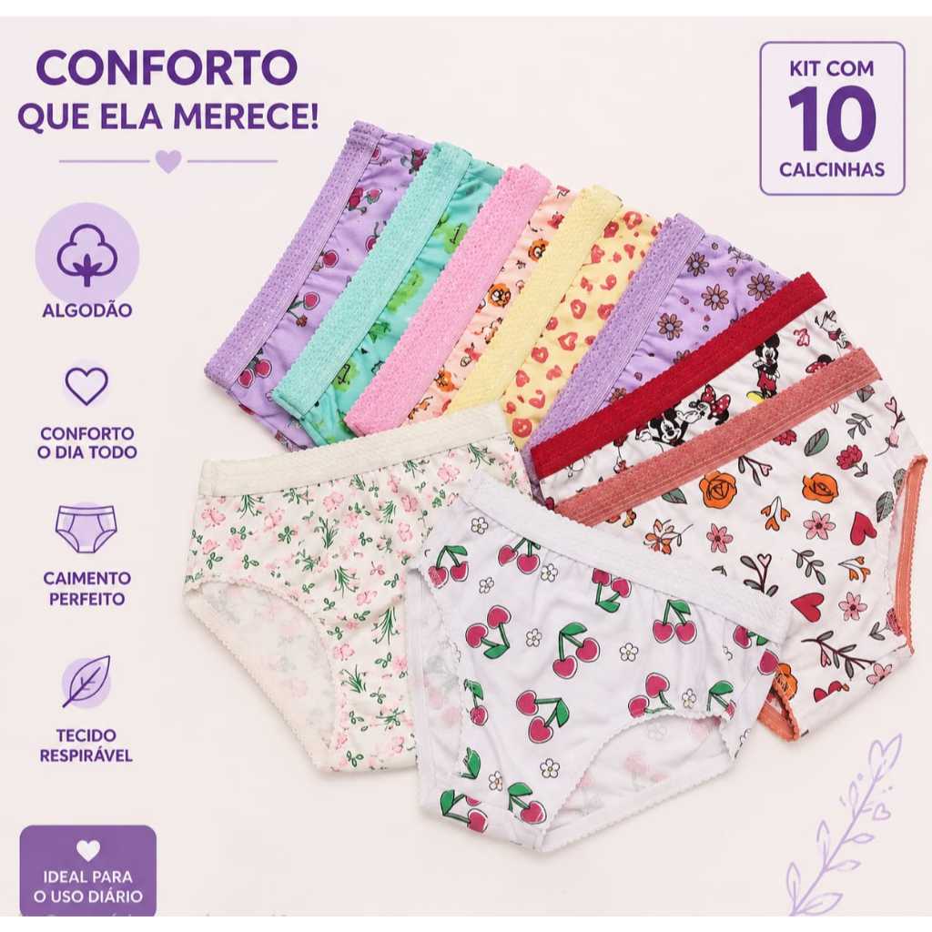 Kit 10 Calcinhas Infantil Menina  Estampadas de Algodão Cós Elástico