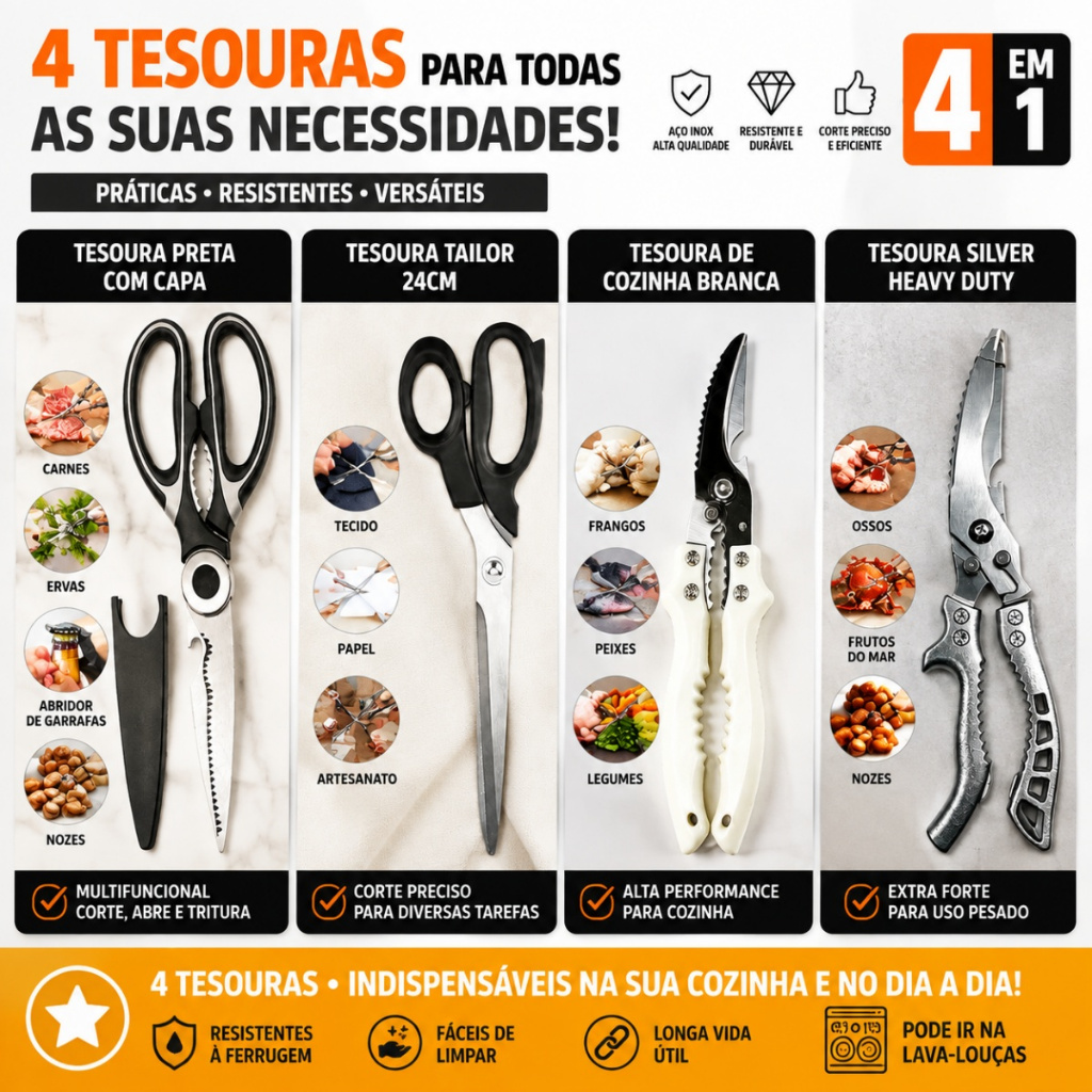 Jogo de Tesouras Premium 4 em 1 – Cozinha, Costura e Ossos, Aço Inox