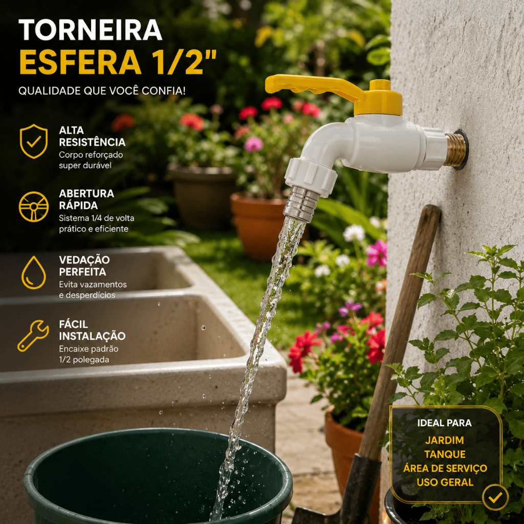 Torneira PVC Esfera 1/2 com Rosca Latão Reforçada Jardim Tanque Área de Serviço 1/4 Volta
