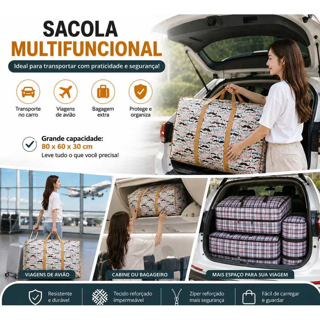 Sacola de Feira com Zíper e Alças Reforçadas em Ráfia — imagem 2 de 2