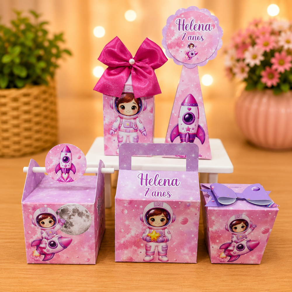 Kit Festa Astronauta Menina Personalizado | Caixinhas Personalizadas Pegue e Monte | Lembrancinha Aniversário Infantil