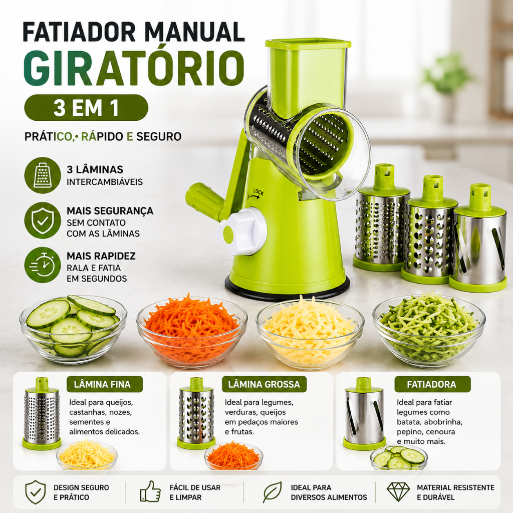 Ralador Fatiador Manual Giratório 3 em 1 Inox Cortador de Legumes Queijo com Ventosa BP-15014