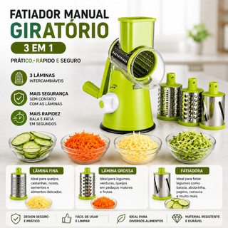 Ralador Fatiador Manual Giratório 3 em 1 Inox Cortador de Legumes Queijo com Ventosa BP-15014
